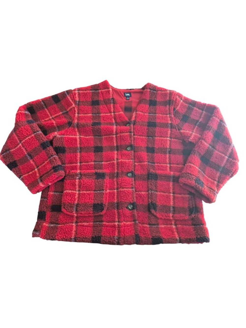 Lee Womens Autumn Red Plaid Sherpa Fleece Jacket Large Cozy Cabincore Gorpcore